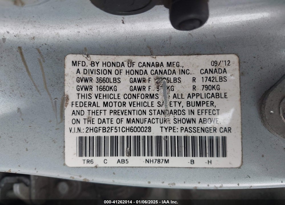 2012 HONDA CIVIC SDN VIN: 2HGFB2F51CH600028