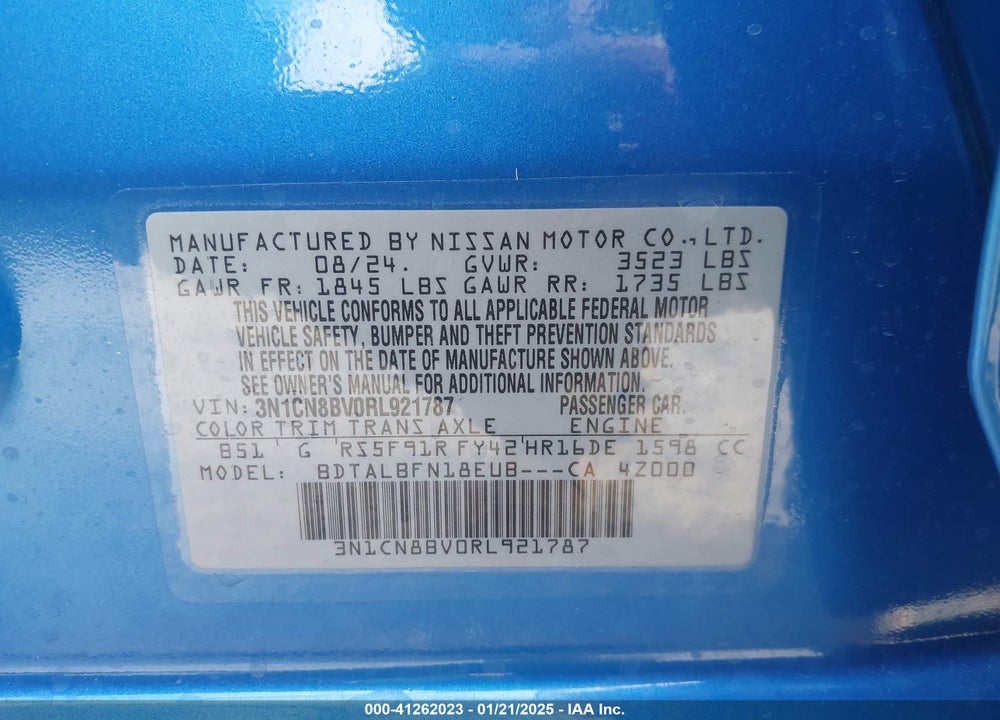 2024 NISSAN VERSA VIN: 3N1CN8BV0RL921787