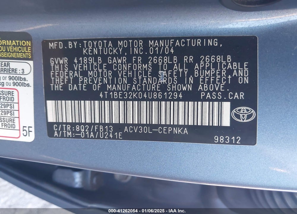 2004 TOYOTA CAMRY LE VIN: 4T1BE32K04U861294