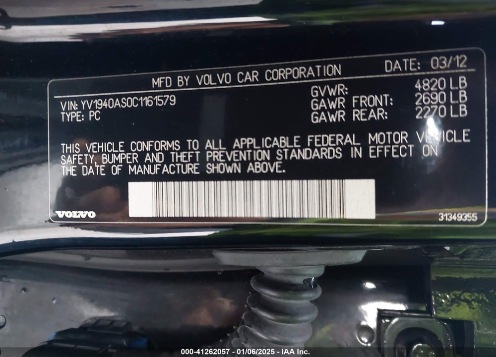2012 VOLVO S80 3.2/3.2 PLATINUM/3.2 PREMIER PLUS VIN: YV1940AS0C1161579