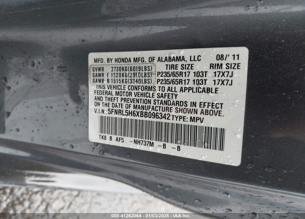 2011 HONDA ODYSSEY EX-L VIN: 5FNRL5H6XBB096342