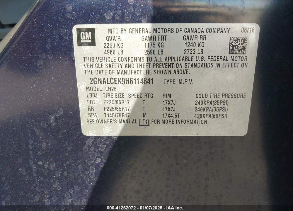 2017 CHEVROLET EQUINOX LT VIN: 2GNALCEK9H6114841