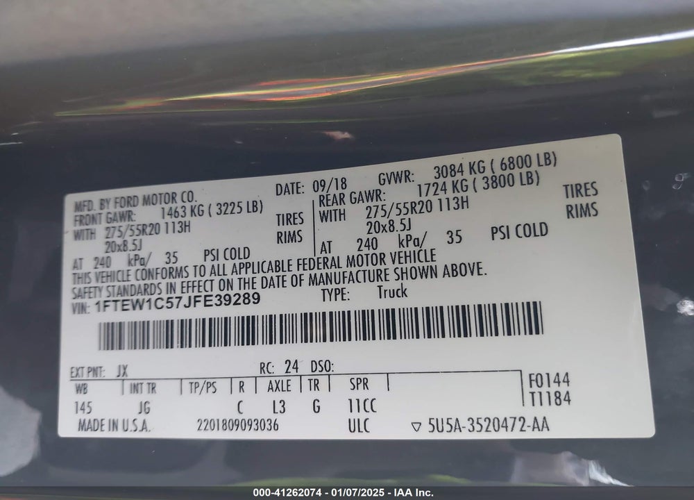 2018 FORD F-150 VIN: 1FTEW1C57JFE39289