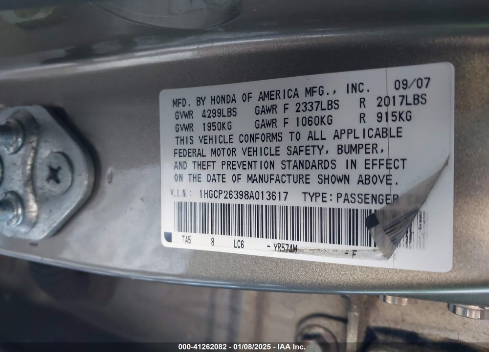 2008 HONDA ACCORD 2.4 LX VIN: 1HGCP26398A013617