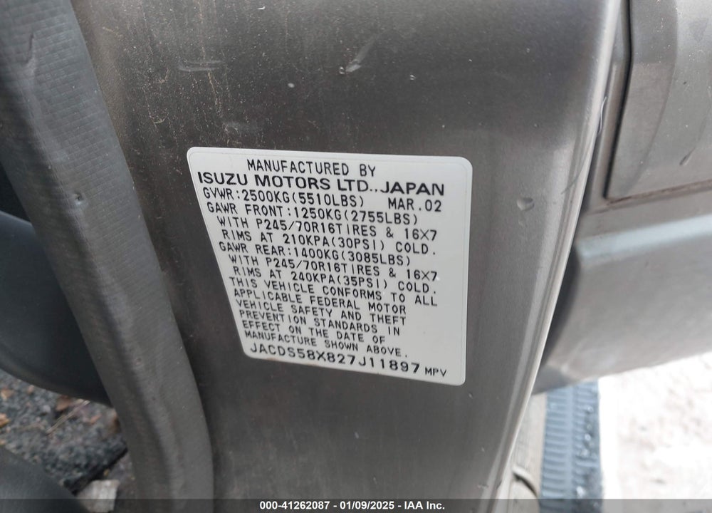 2002 ISUZU TROOPER LIMITED/LS/S VIN: JACDS58X827J11897