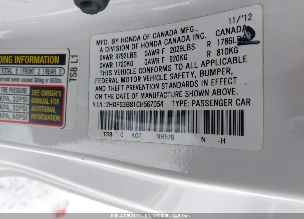 2012 HONDA CIVIC CPE VIN: 2HGFG3B81CH567054