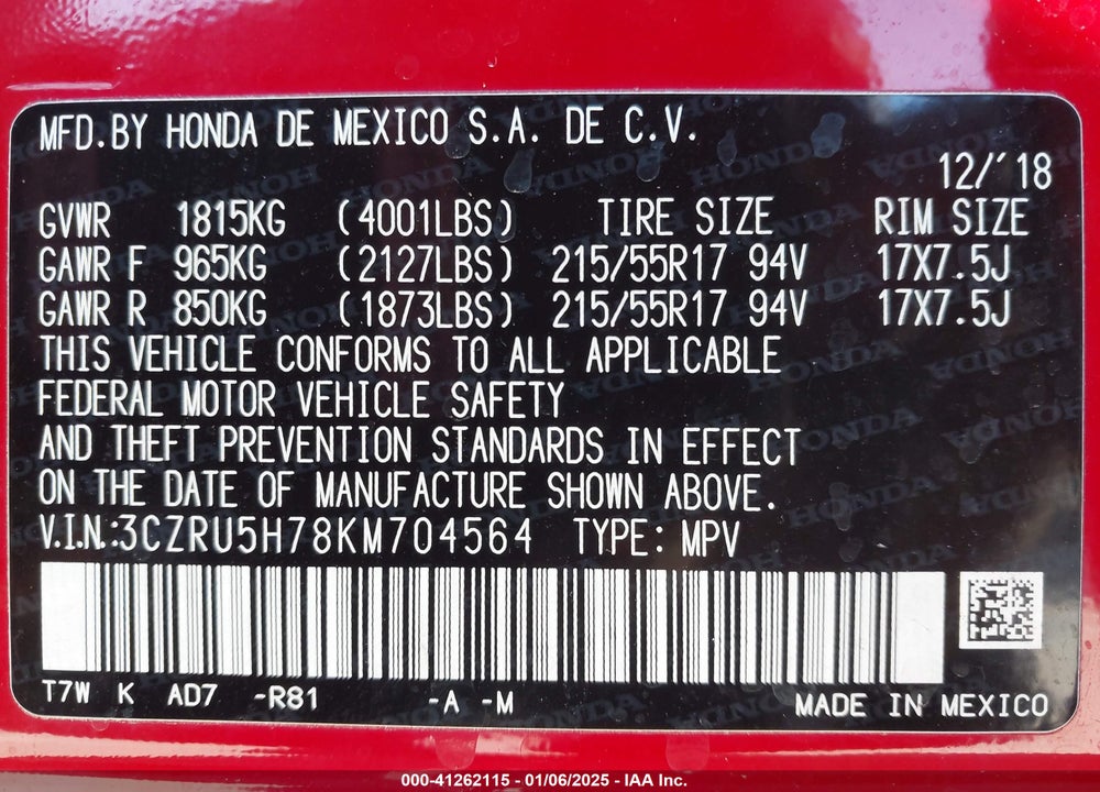 2019 HONDA HR-V EXL VIN: 3CZRU5H78KM704564