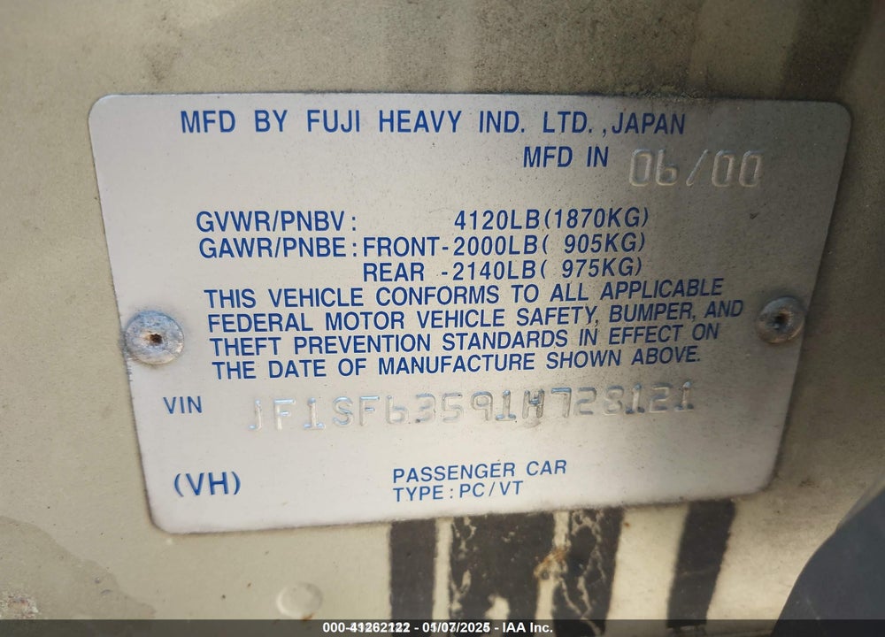 2001 SUBARU FORESTER L VIN: JF1SF63591H728121