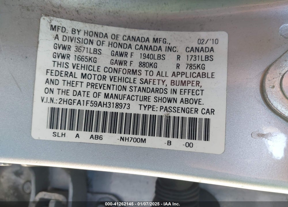 2010 HONDA CIVIC LX VIN: 2HGFA1F59AH318973