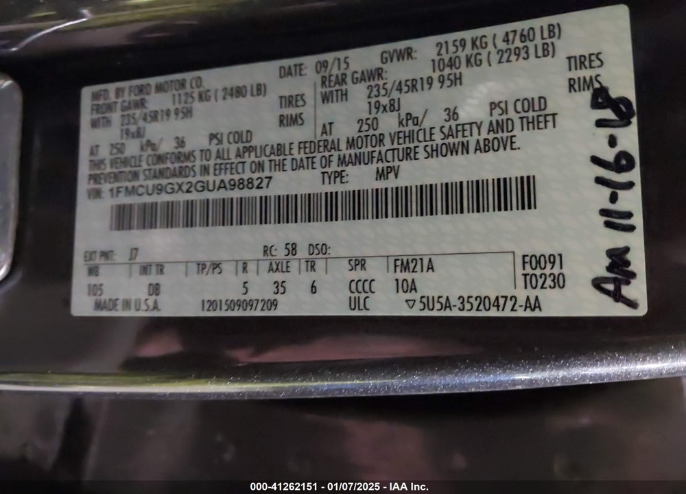 2016 FORD ESCAPE SE VIN: 1FMCU9GX2GUA98827