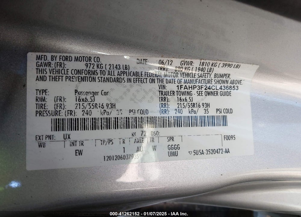 2012 FORD FOCUS VIN: 1FAHP3F24CL436853