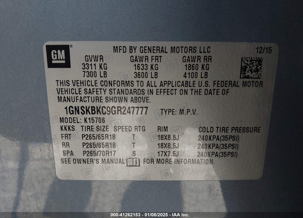 2016 CHEVROLET TAHOE LT VIN: 1GNSKBKC9GR247777
