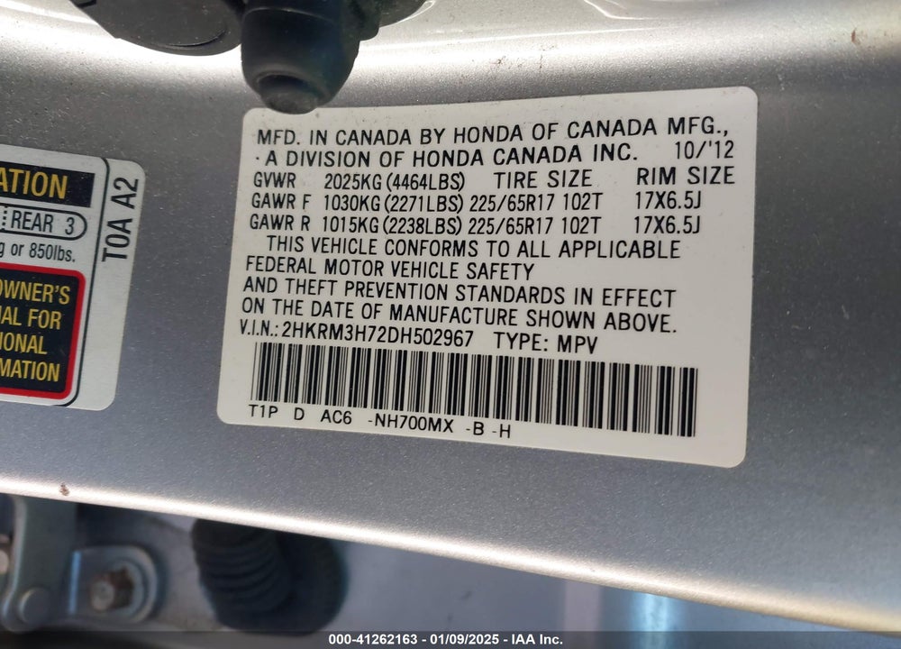 2013 HONDA CR-V EX-L VIN: 2HKRM3H72DH502967