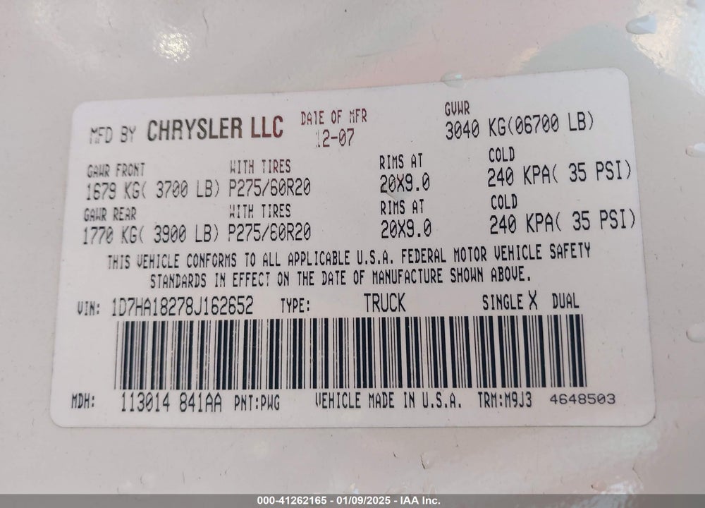 2008 DODGE RAM 1500 SLT VIN: 1D7HA18278J162652