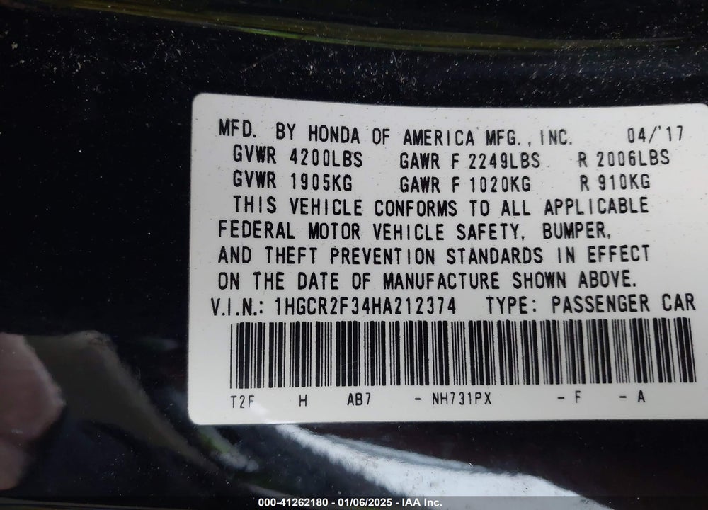 2017 HONDA ACCORD LX VIN: 1HGCR2F34HA212374
