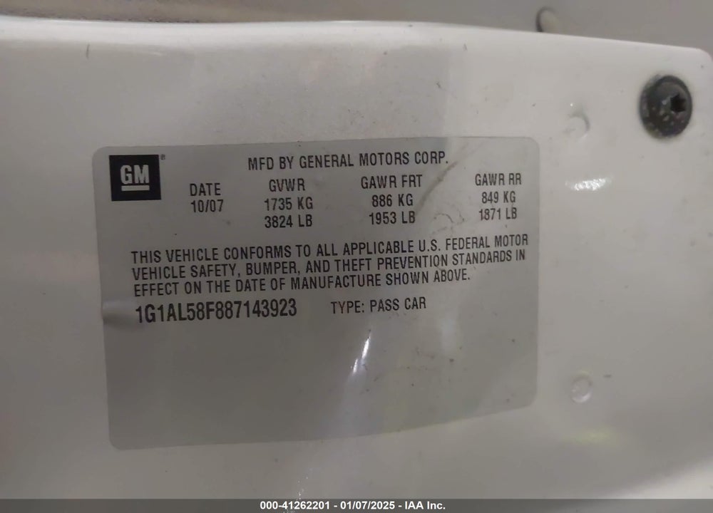 2008 CHEVROLET COBALT VIN: 1G1AL58F887143923