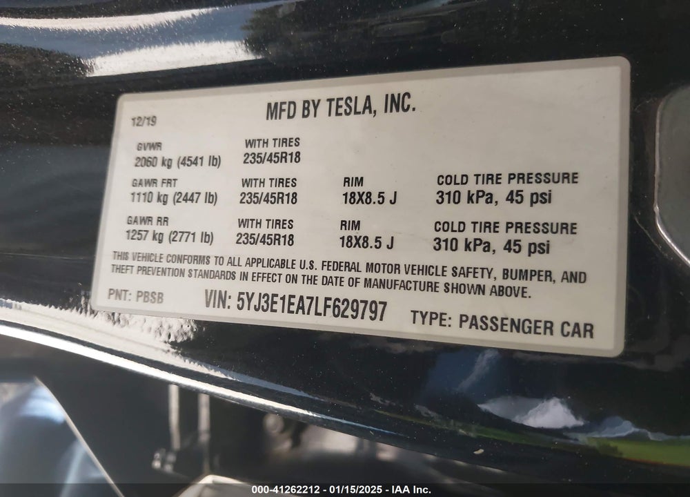 2020 TESLA MODEL 3 VIN: 5YJ3E1EA7LF629797