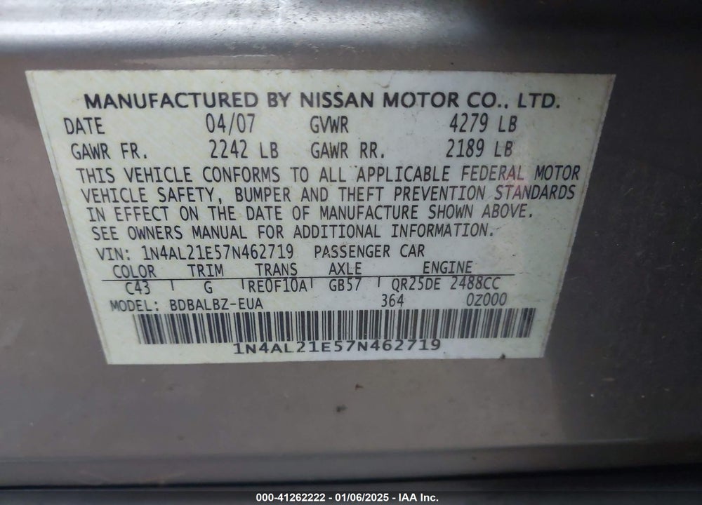 2007 NISSAN ALTIMA 2.5 S VIN: 1N4AL21E57N462719