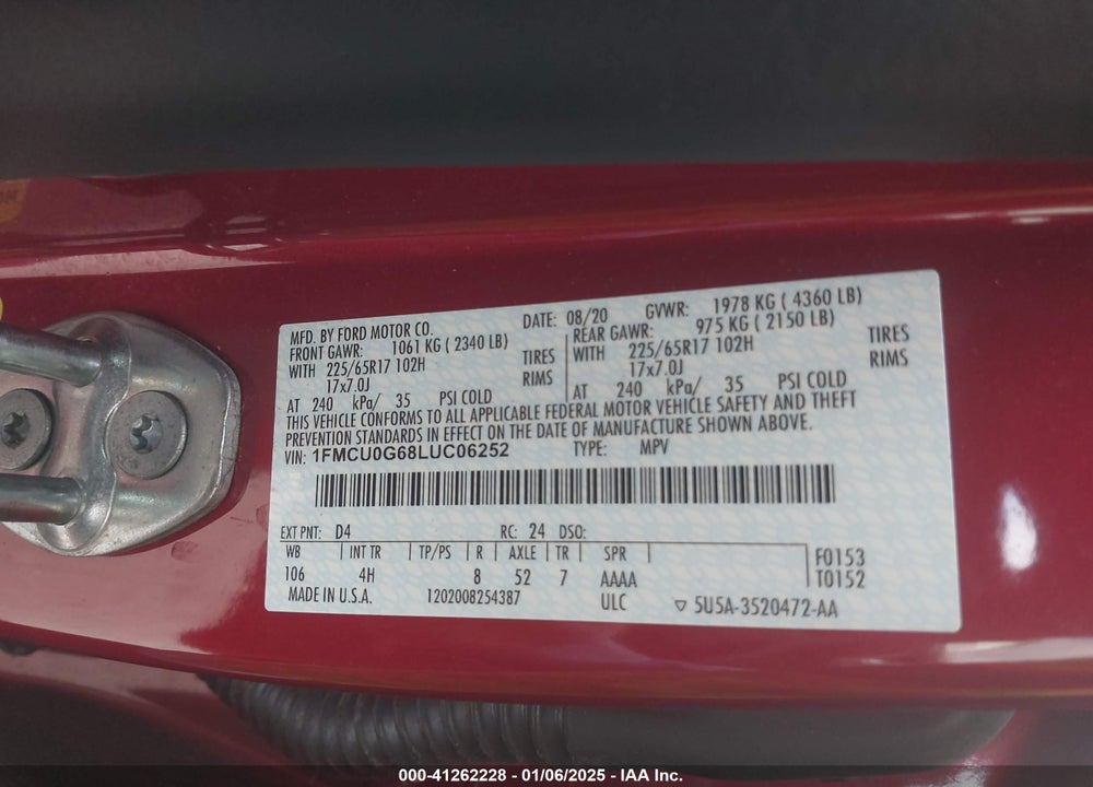 2020 FORD ESCAPE SE VIN: 1FMCU0G68LUC06252