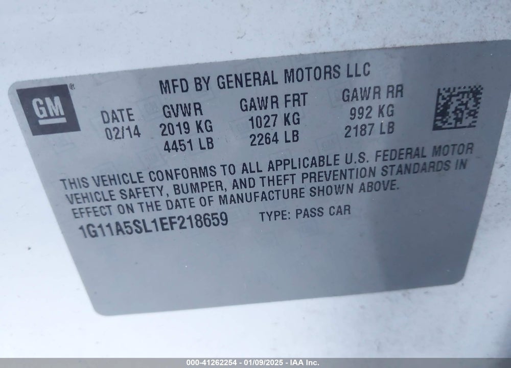 2014 CHEVROLET MALIBU 1FL VIN: 1G11A5SL1EF218659
