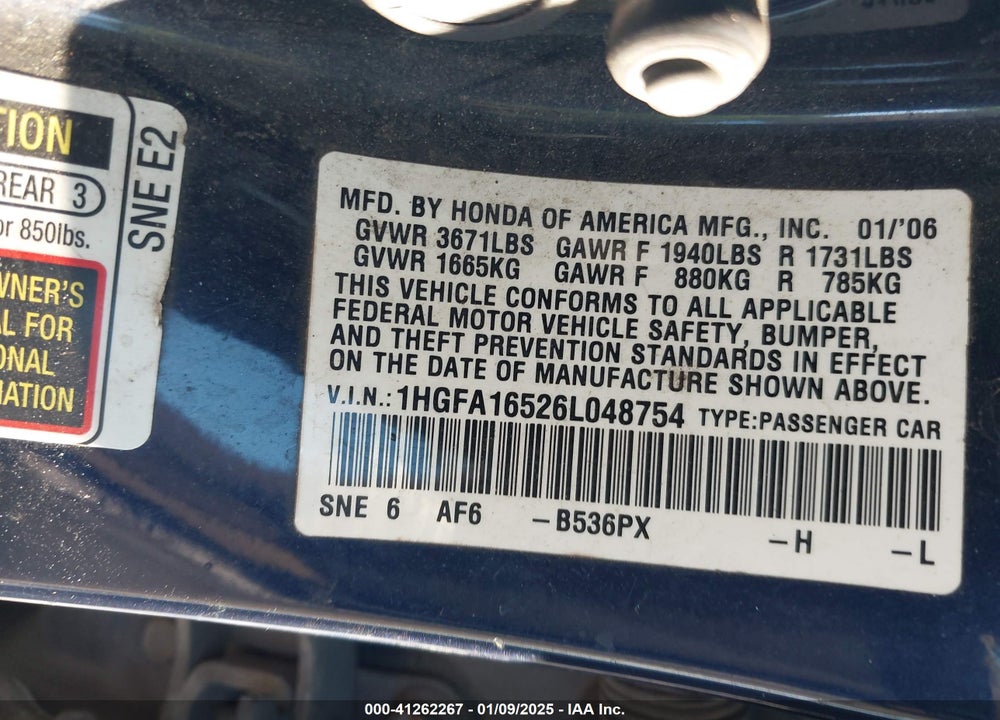 2006 HONDA CIVIC LX VIN: 1HGFA16526L048754