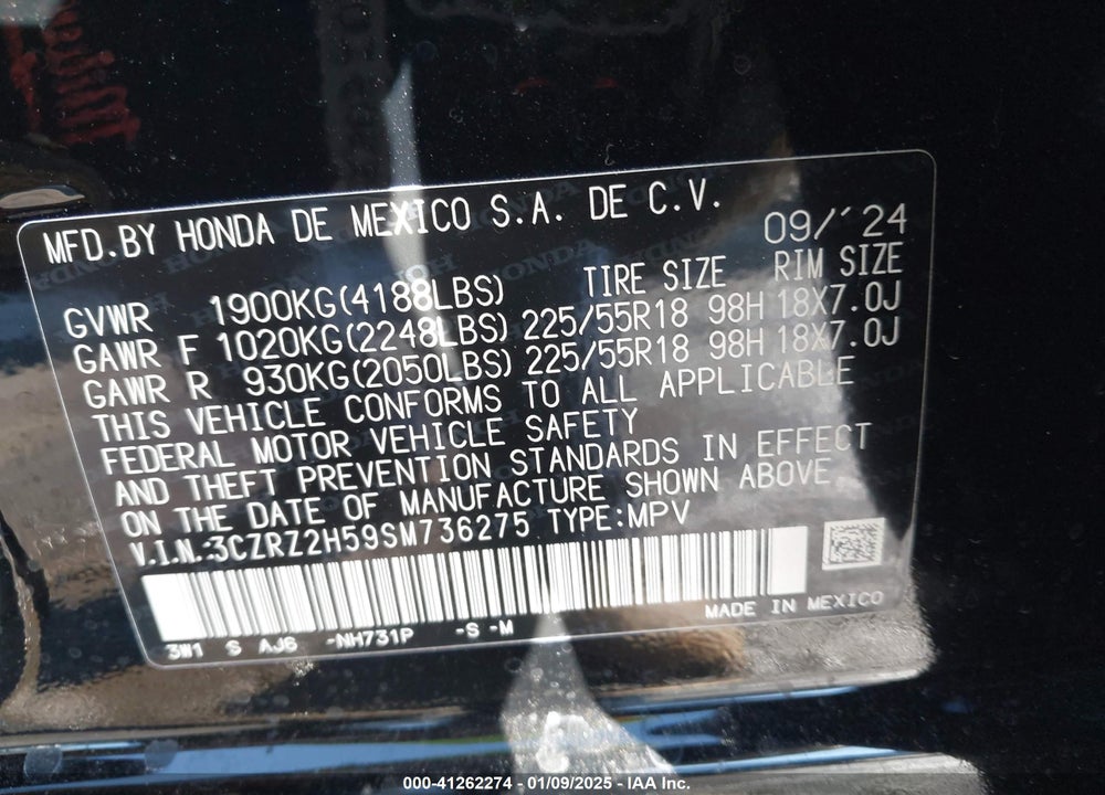 2025 HONDA HR-V AWD SPORT VIN: 3CZRZ2H59SM736275