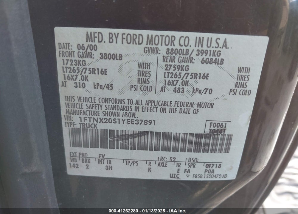 2000 FORD F-250 LARIAT/XL/XLT VIN: 1FTNX20S1YEE37891