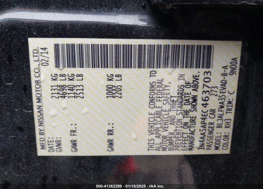 2014 NISSAN MAXIMA VIN: 1N4AA5AP4EC463703