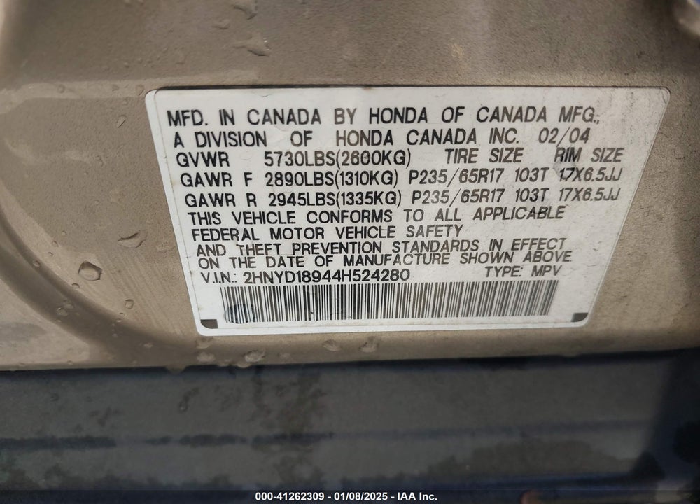 2004 ACURA MDX VIN: 2HNYD18944H524280