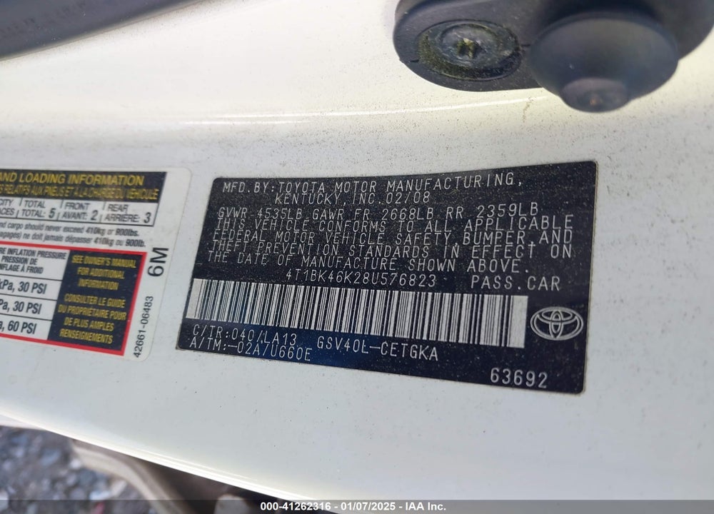 2008 TOYOTA CAMRY XLE V6 VIN: 4T1BK46K28U576823