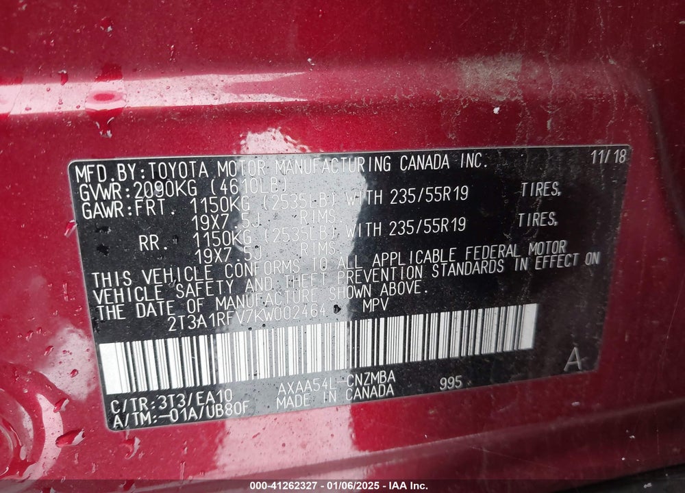 2019 TOYOTA RAV4 XLE PREMIUM VIN: 2T3A1RFV7KW002464