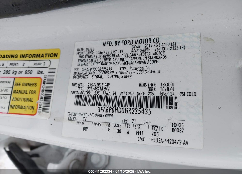 2016 FORD FUSION VIN: 3FA6P0HD0GR225435
