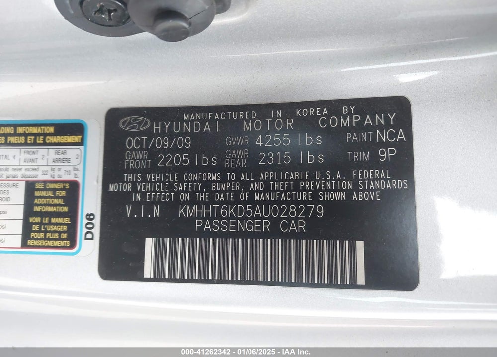 2010 HYUNDAI GENESIS 2.0T VIN: KMHHT6KD5AU028279
