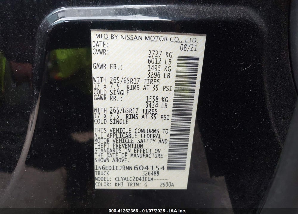 2022 NISSAN FRONTIER VIN: 1N6ED1EJ9NN604154