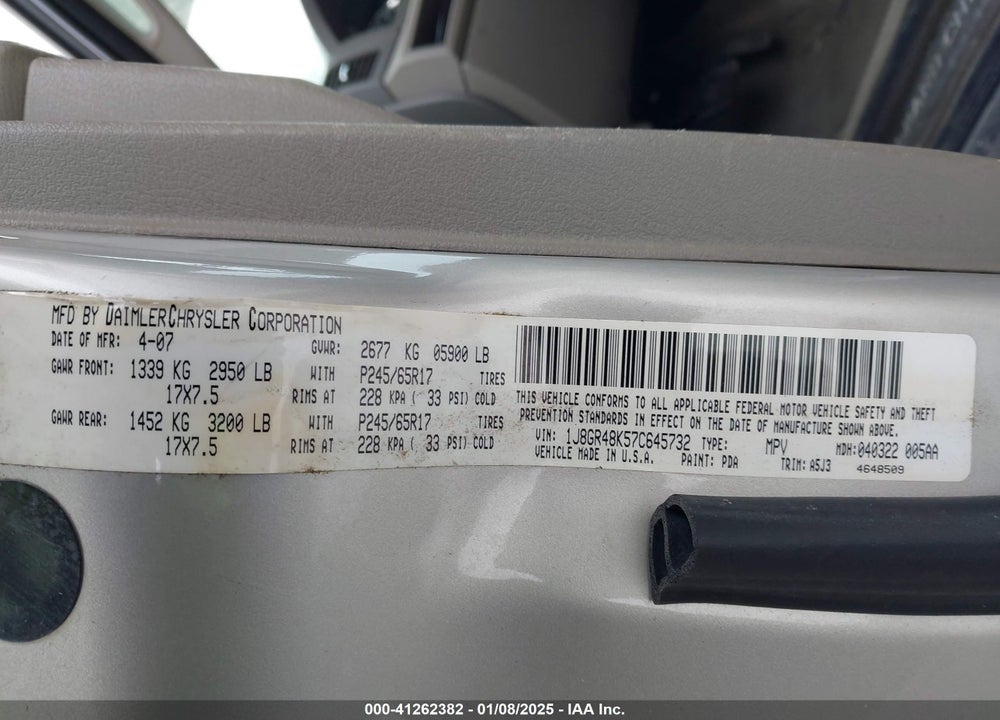 2007 JEEP GRAND CHEROKEE LAREDO VIN: 1J8GR48K57C645732