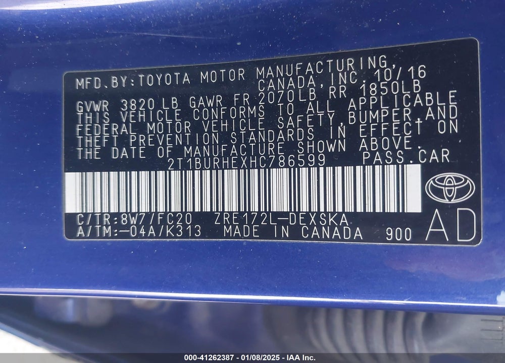 2017 TOYOTA COROLLA VIN: 2T1BURHEXHC786599