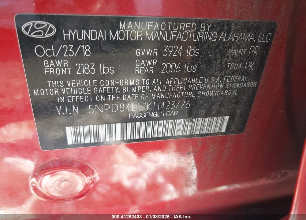 2019 HYUNDAI ELANTRA VIN: 5NPD84LF1KH423726