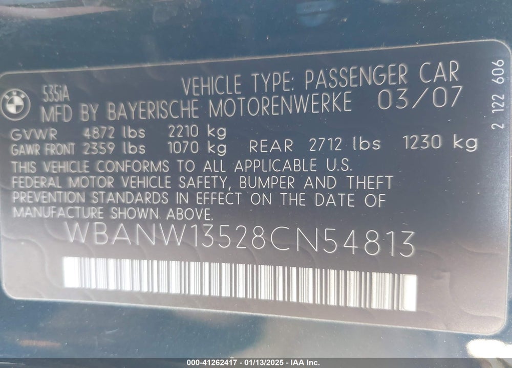 2008 BMW 535I VIN: WBANW13528CN54813