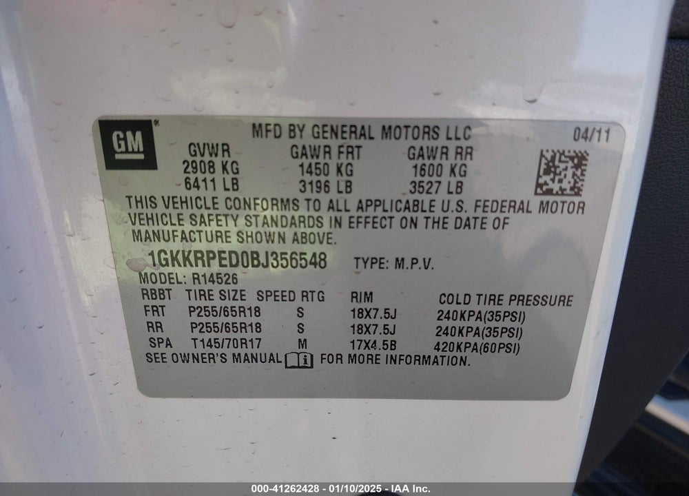 2011 GMC ACADIA SLE VIN: 1GKKRPED0BJ356548