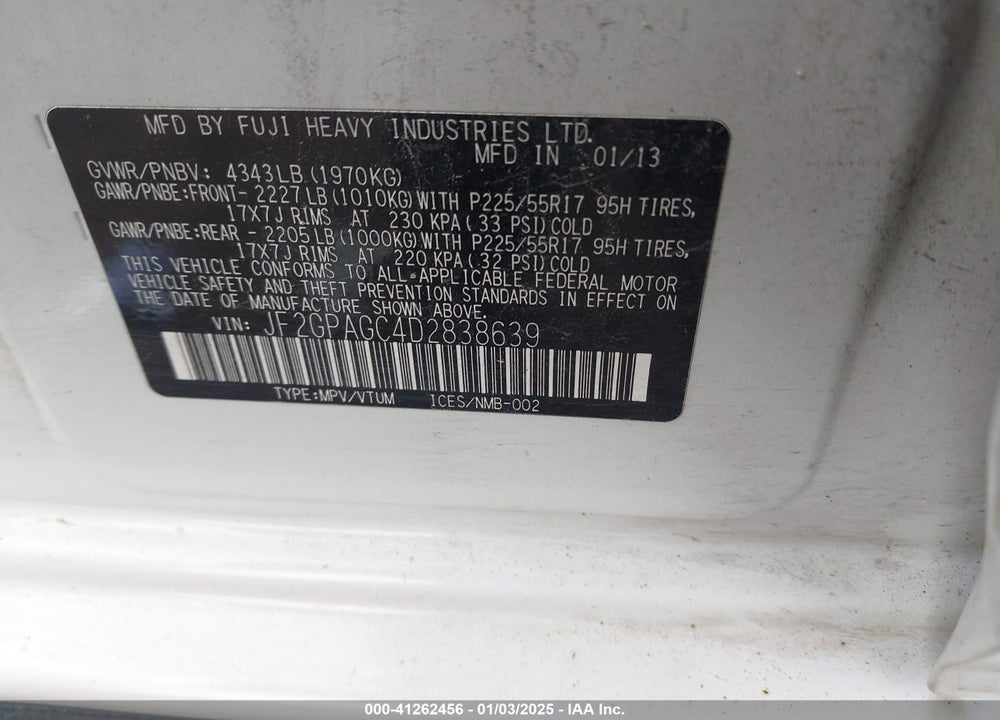 2013 SUBARU XV CROSSTREK 2.0I LIMITED VIN: JF2GPAGC4D2838639