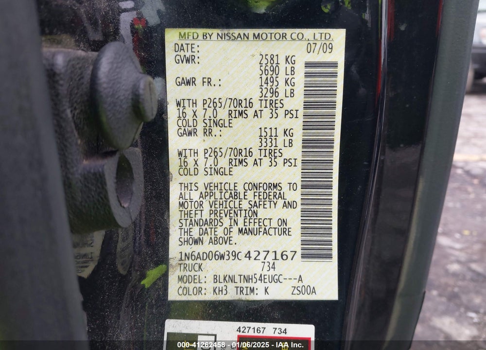 2009 NISSAN FRONTIER VIN: 1N6AD06W39C427167