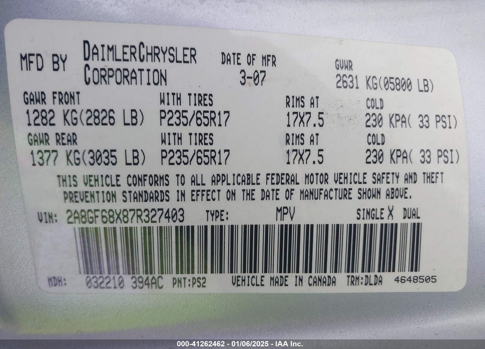 2007 CHRYSLER PACIFICA TOURING VIN: 2A8GF68X87R327403