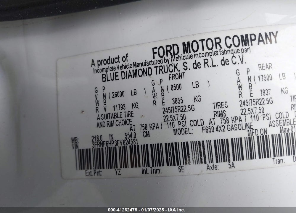 2015 FORD F-650 GAS XL/XLT VIN: 3FRNF6HP3FV624581