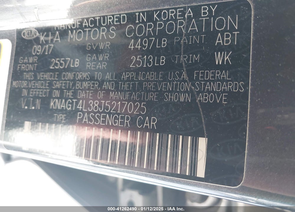 2018 KIA OPTIMA VIN: KNAGT4L38J5217025