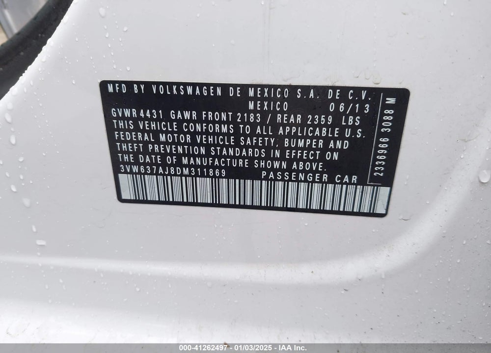 2013 VOLKSWAGEN JETTA HYBRID SEL VIN: 3VW637AJ8DM311869