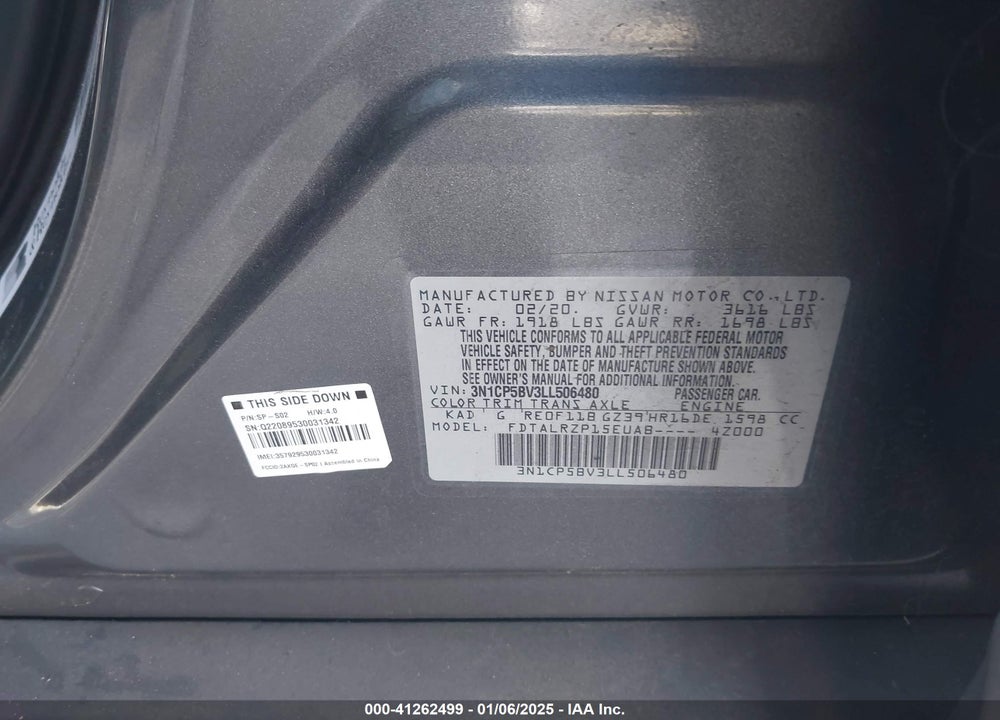 2020 NISSAN KICKS S XTRONIC CVT VIN: 3N1CP5BV3LL506480