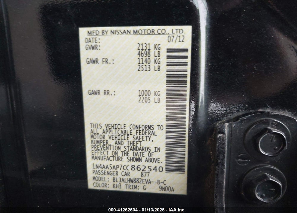 2012 NISSAN MAXIMA VIN: 1N4AA5AP7CC862540