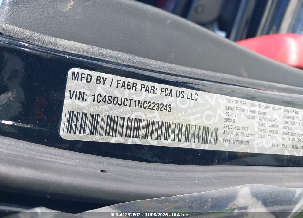 2022 DODGE DURANGO R/T PLUS VIN: 1C4SDJCT1NC223243