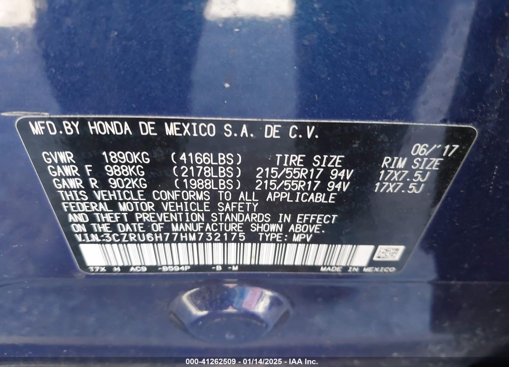 2017 HONDA HR-V EX-L VIN: 3CZRU6H77HM732175