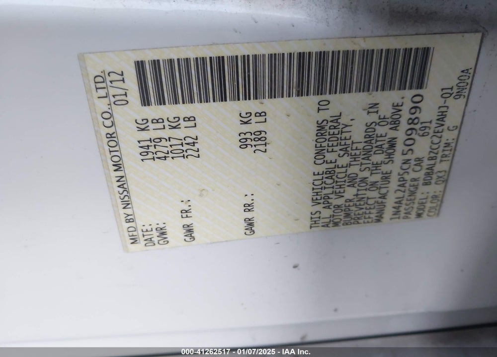 2012 NISSAN ALTIMA 2.5 S VIN: 1N4AL2AP5CN509890